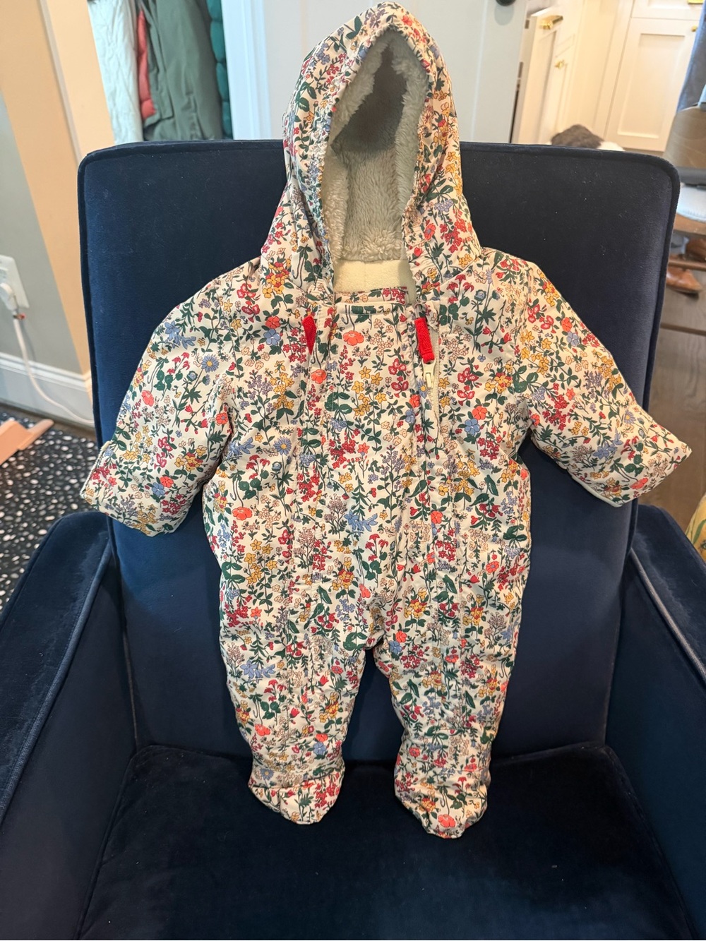 Baby Boden Cream Floral Hooded Fleece One-Piece Footie